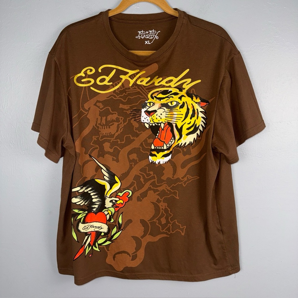 Ed Hardy  T-Shirt Men’s XL Brown Tiger & Eagle‎ Print Short Sleeve Crew Neck